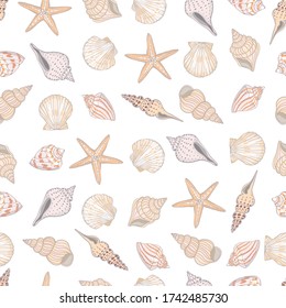 Seashell seamless pattern. Scallop vector background.