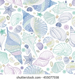 Seashell seamless pattern. Summer holiday marine background. Underwater ornamental textured sketching wallpaper with sea shells, sea star and sand.