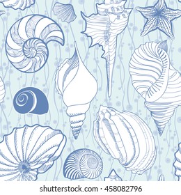 Seashell seamless pattern. Summer holiday marine background. Underwater ornamental textured sketching wallpaper with sea-shells, sea star and sand.