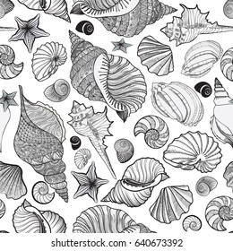 Seashell seamless pattern. Summer holiday marine background. Underwater ornamental textured sketching wallpaper with sea shells, sea star and sand.
