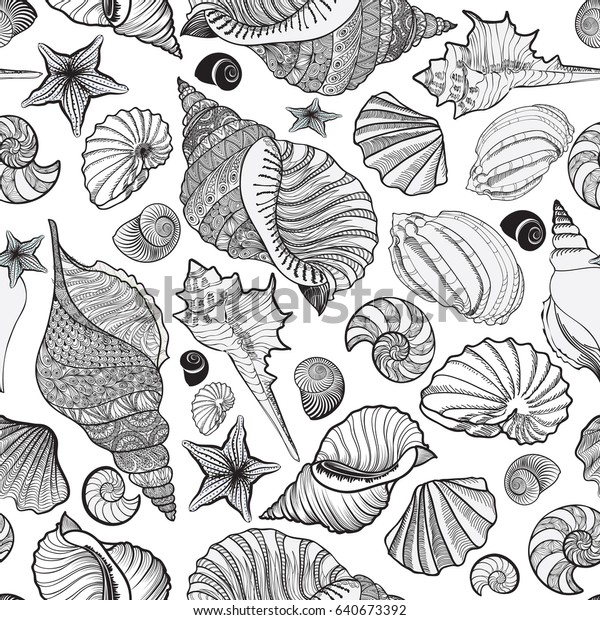 シームレスな貝殻柄 夏の海洋の背景 海殻 星 砂を使った水中の装飾用テクスチャーのある壁紙 のベクター画像素材 ロイヤリティフリー