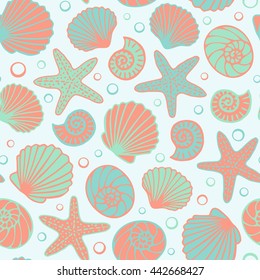 Seashell seamless pattern. Summer sea background. Colorful Vector illustration.