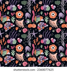 Seashell seamless pattern. Tropical marine elements. Reef corals. Algae and starfish. Beach shells. Underwater air bubbles. Aquatic mollusk. Undersea black print. Garish