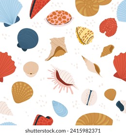 Seashell seamless pattern. Tropical and nautical elements. Ocean underwater conch or mollusk textile print. Exotic marine scallops, aquatic seafood and shellfish fabric vector illustration