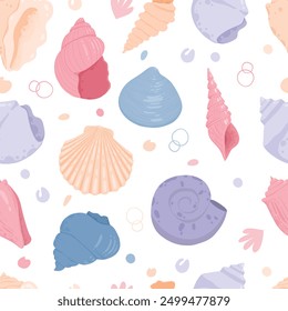 Seashell sin patrón. Elementos tropicales y náuticos. Estampado textil de concha submarina o molusco oceánico. Vieiras marinas exóticas, mariscos acuáticos y tela de mariscos Ilustración vectorial en blanco