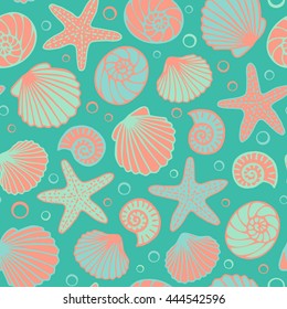 Seashell seamless pattern. Turquoise background. Sea beach theme. Colorful Vector illustration.