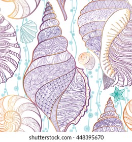 Seashell seamless pattern Underwater sea tiled background Summer Holiday Background with Seashells, Sea Star and Sand. Colored engraving marine life ornament