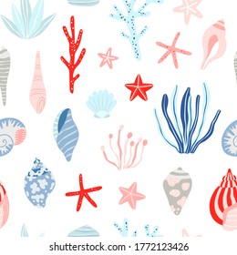 Seashell seamless pattern. Vector background with sea plants and sea shells. Underwater digital paper