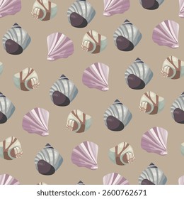 Seashell seamless pattern. Vector clipart, illustration with isolated background.