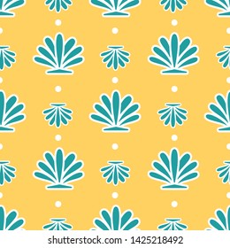 Seashell seamless pattern vector design in yellow, turquoise and white. Great for tile, beach house decor, swimwear and fashion textiles, product packaging, wrapping paper and graphic design uses.