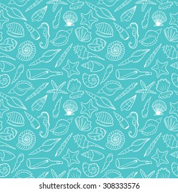 Seashell seamless pattern white on blue