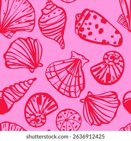 Seashell seamless vector pattern beach vintage summer tropical wallpaper backdrop. Scallop ocean sea nautical art background for apparel, 