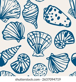 Seashell seamless vector pattern beach vintage summer tropical wallpaper backdrop. Scallop ocean sea nautical art background for apparel, 