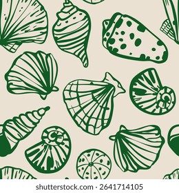 Seashell seamless vector pattern beach vintage summer tropical wallpaper backdrop. Scallop ocean sea nautical art background for apparel