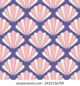 Seashell seamless vector pattern with striped shells on purple background. Cute seamless stylized seashell seamless pattern. Vector illustration.