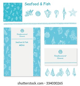 Seashell, seaweed and coral. Elements of corporate identity for seafood restaurant. Seamless pattern with sea shell. Vector illustration. Menu template.