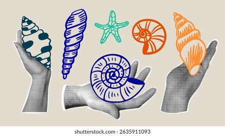 Seashell set for beach-themed events, seaside restaurant menus, and oceanography educational resources in retro collage style. Vintage halftone hands images and hand-drawn sea creatures