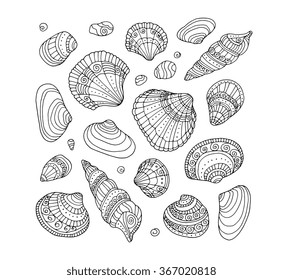Seashell set collection. Vector illustration. Zentangle. Coloring book page for adult. Hand drawn artwork. Beach concept for restaurant menu card, ticket, branding, logo label. Black, white