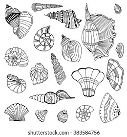 Seashell set collection. Vector illustration. Zentangle. Hand drawn artwork. Beach concept for restaurant menu card, ticket, branding, logo label.
