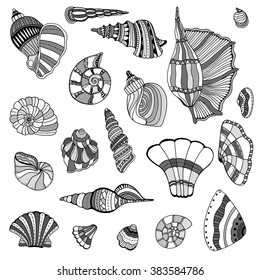 Seashell set collection. Vector illustration. Zentangle. Hand drawn artwork. Beach concept for restaurant menu card, ticket, branding, logo label.