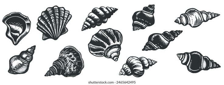 Seashell set with monochrome vintage photocopy effect, y2k collage design. Stipple halftone retro design elements. Vector for grunge punk surreal poster