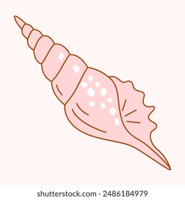 Seashell in the shape of sharp long cone twisted into spiral. Vector simple illustration in solid color with outline. Side view.