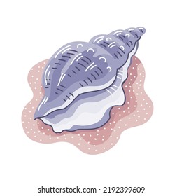 Seashell shell on the sand. Marine underwater twisted seashell. Spiral shape. Undersea mollusc. Animal and wildlife. Flat vector illustration isolated on white background