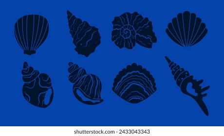 Seashell shell star shellfish marine aquatic isolated set. Vector flat graphic design illustration