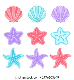 seashell or shell and starfish set. Summer marine vector illustration