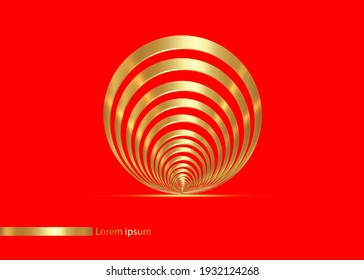 seashell sign golden lines in circle form, Design element Geometric shape with luxury style, Striped border frame for image in concentric circles. Technology round Logo, Spiral Vector icon isolated