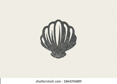 Seashell silhouette for logo hand drawn stamp effect vector illustration. Vintage grunge texture emblem for package and menu design or label decoration.