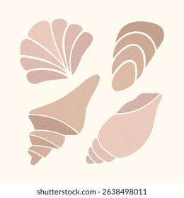 Seashell silhouette set in natural organic shapes. Hand drawn aesthetic shell icons with grainy texture. Ideal for summer prints, beach product, logo, branding, interior decor, summer pattern