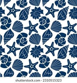 Seashell silhouettes seamless Pattern. Hand drawn marine shells. Summer sea Background