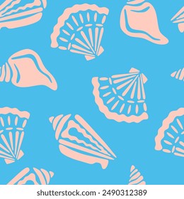 Seashell silhouettes vector seamless pattern. Pale pink scallop and spiral shell shapes in modern hand drawn flat style on bright blue background. Cute simple summer nautical repeat design