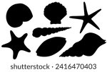 Seashell silhouettes vector set. Illustration of sea Shells on isolated background. Drawing of Scallop and Starfish. Cockleshell painted by black ink for icon or logo. Underwater etching.