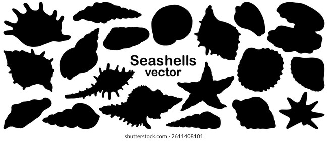 Seashell silhouettes vector set. Illustration of sea Shells on isolated background. Drawing of Scallop and Starfish. Cockleshell painted by black ink for icon or logo.