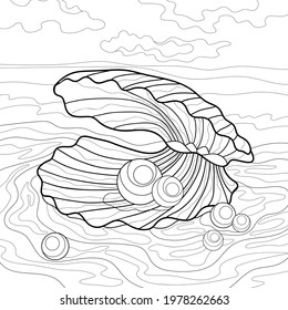 Seashell with simple patterns and pearls on sand. Sky, clouds  and water. Summer illustration on a white isolated background. For coloring book pages.