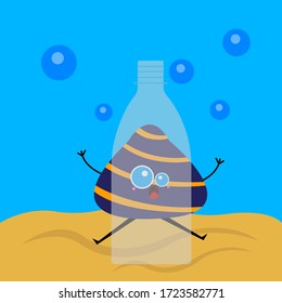 Seashell sitting on the sandy bottom behind a plastic bottle cartoon character with fright emotion concept of pollution of the ocean and the environment
