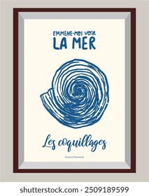 Seashell sketch  in boho style poster. Translation take me to see the sea. Hand drawn minimal design. Perfect for wallpaper, template, banner, wall decor, print, postcard, cover. Vector illustration 