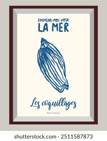Boceto de concha de mar en cartel de estilo boho. Traducción llévame a ver el mar. Diseño minimalista dibujado a mano. Perfecto para Fondo de pantalla, Plantilla, Anuncio, decoración de la pared, impresión, postal, cubierta. Ilustración vectorial 