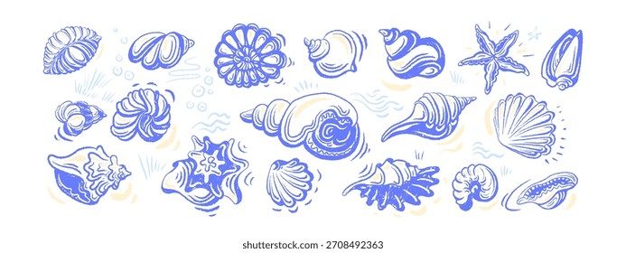 Conjunto de crayón de boceto de concha. Ilustración vintage dibujada a mano para póster, Anuncio, menú italiano, club de surf. Textura marina de viaje de verano aislada sobre fondo transparente. Elementos mediterráneos