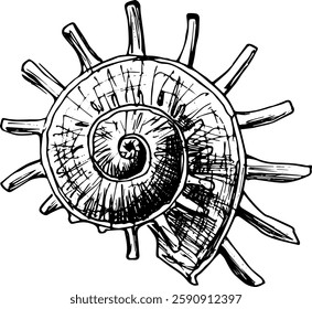 Seashell sketch hand drawn outline clipart illustration mollusk on summer beach