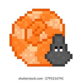 Seashell with small snail rendered in chunky pixel blocks and square shading. Symbol of ocean life, nature, and nostalgia for retro game sprite aesthetics. Cartoon vector illustration.