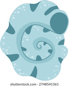 Seashell spiral with nautilus shape, rounded segments, and speckled texture in smooth curves. Symbol of ocean nature, growth, and harmony, evoking coastal calm. Cartoon vector illustration.