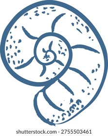 Seashell spiral with rough hand-drawn stroke and speckled texture, isolated on white. Symbol of nature, growth, fibonacci harmony, and coastal vibe. Cartoon vector illustration.