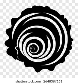 Seashell, spiral. Silhouette, abstract drawing by hand. Black on white background, vector.