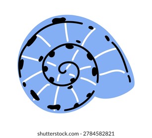 Seashell with spiral whorl and bold spots in hand drawn cartoon style. Symbol of ocean, summer, beach life, and natural pattern harmony. Cartoon vector illustration.