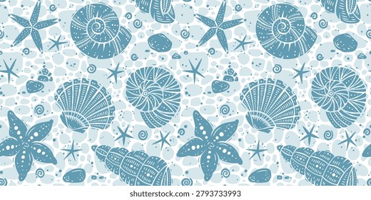 Seashell and Starfish Blue Nautical Seamless Pattern Vector Illustration