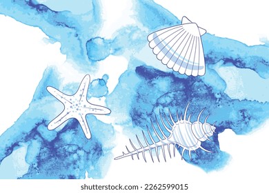 seashell starfish blue ocean wave splash watercolor background