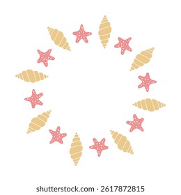 Seashell Starfish Circle Frame. Summer Sea Life Travel Vacation Round Border with Marine Nature Elements. Vector illustration hand drawn style
